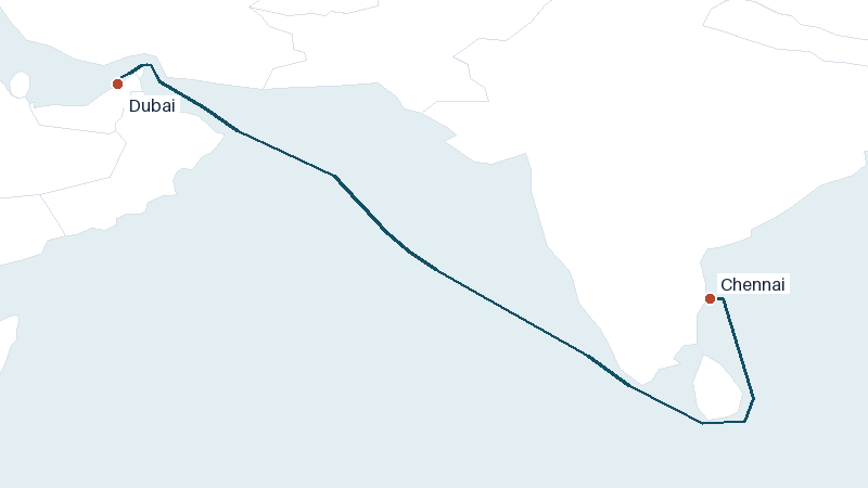 Sea route map from Dubai to Chennai &mdash; 2543 nautical miles