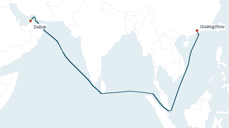 Sea route map from Dubai to Guangzhou &mdash; 4966 nautical miles