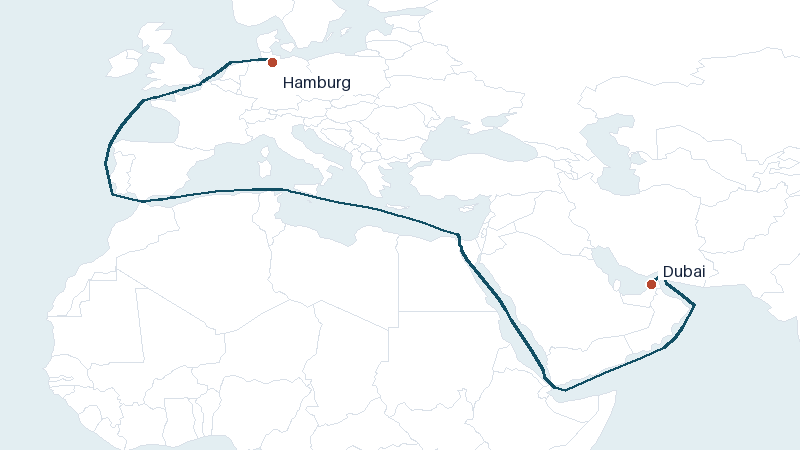 Sea route map from Dubai to Hamburg &mdash; 6524 nautical miles