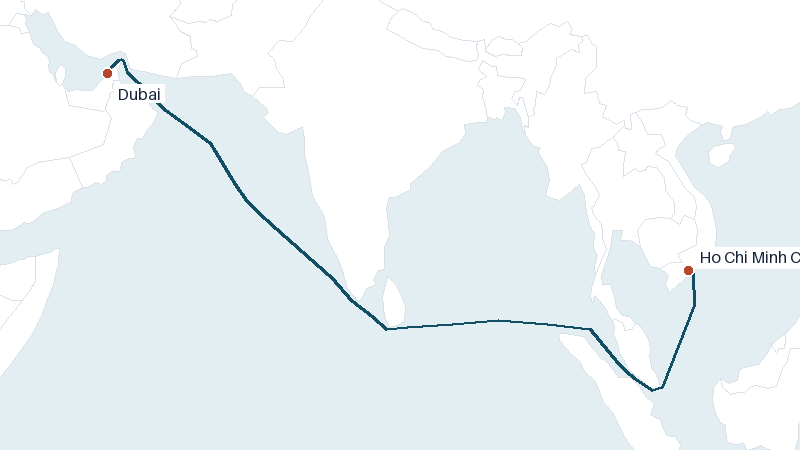 Sea route map from Dubai to Ho Chi Minh City &mdash; 4123 nautical miles