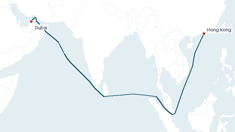 Sea route map from Dubai to Hong Kong &mdash; 4927 nautical miles