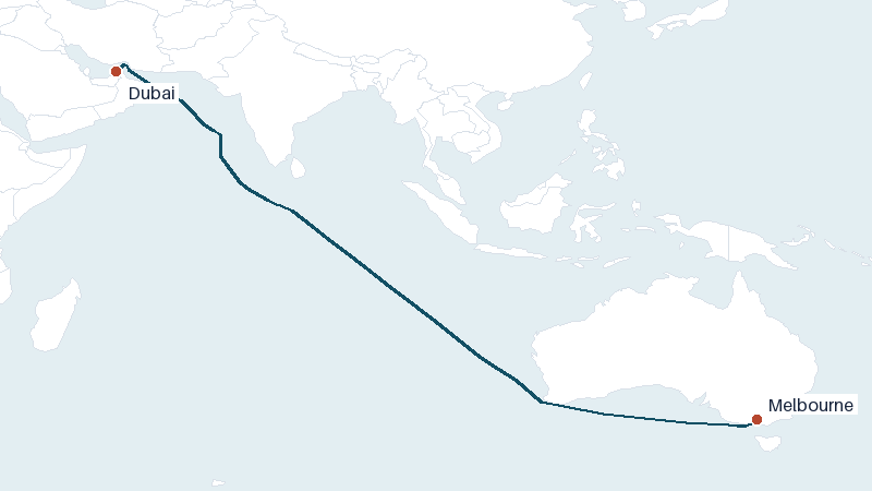 Sea route map from Dubai to Melbourne &mdash; 6658 nautical miles