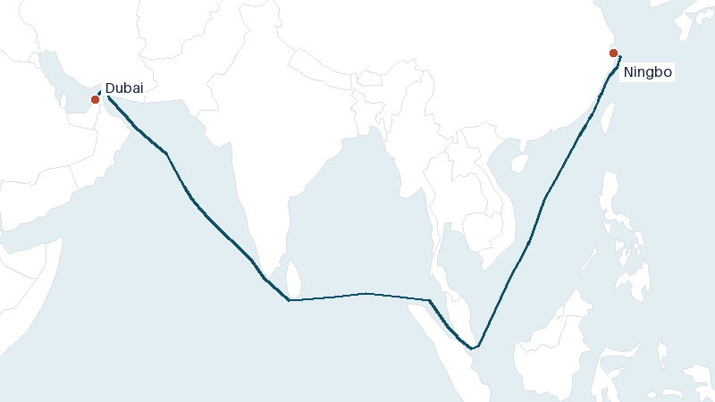 Sea route map from Dubai to Ningbo &mdash; 5588 nautical miles
