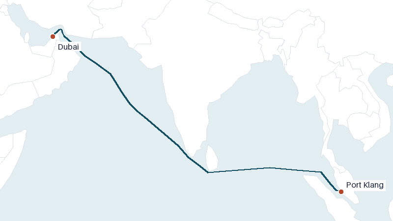Sea route map from Dubai to Port Klang &mdash; 3310 nautical miles