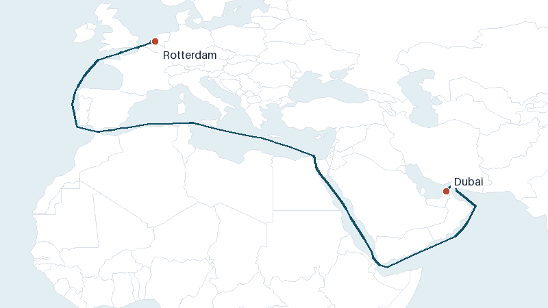 Sea route map from Dubai to Rotterdam &mdash; 6272 nautical miles