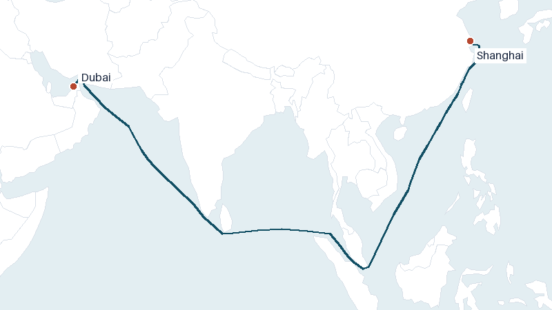 Sea route map from Dubai to Shanghai &mdash; 5702 nautical miles