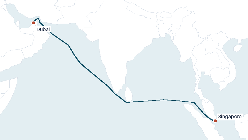 Sea route map from Dubai to Singapore &mdash; 3494 nautical miles