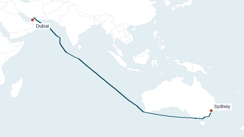 Sea route map from Dubai to Sydney &mdash; 7154 nautical miles
