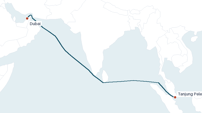 Sea route map from Dubai to Tanjung Pelepas &mdash; 3492 nautical miles