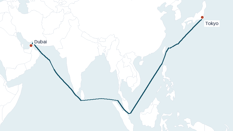 Sea route map from Dubai to Tokyo &mdash; 6440 nautical miles