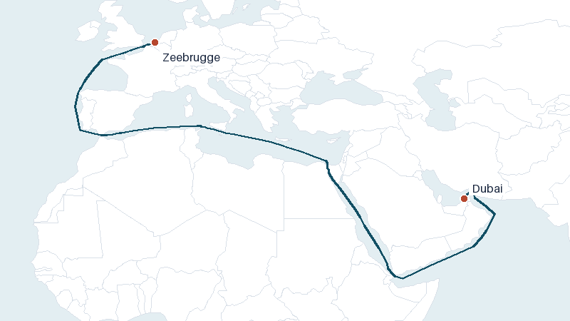 Sea route map from Dubai to Zeebrugge &mdash; 6213 nautical miles