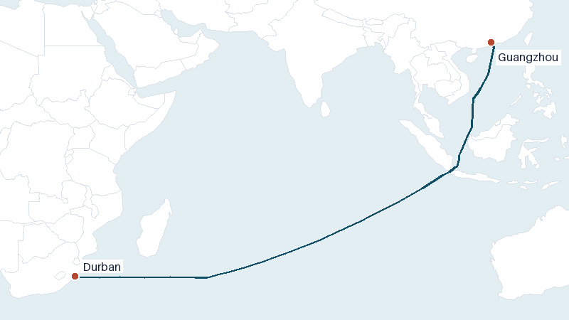 Sea route map from Durban to Guangzhou &mdash; 6310 nautical miles
