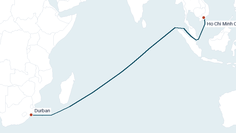 Sea route map from Durban to Ho Chi Minh City &mdash; 5572 nautical miles