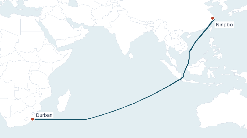 Sea route map from Durban to Ningbo &mdash; 6917 nautical miles
