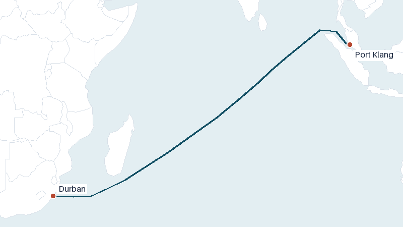 Sea route map from Durban to Port Klang &mdash; 4759 nautical miles