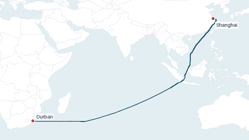 Sea route map from Durban to Shanghai &mdash; 7030 nautical miles