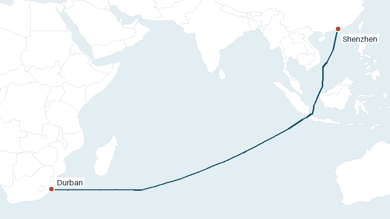 Sea route map from Durban to Shenzhen &mdash; 6292 nautical miles
