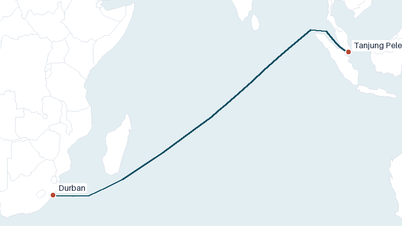 Sea route map from Durban to Tanjung Pelepas &mdash; 4941 nautical miles
