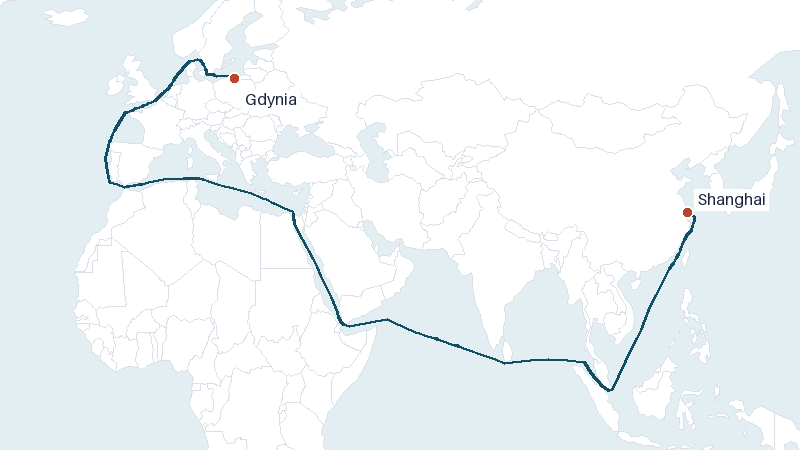 Sea route map from Gdynia to Shanghai &mdash; 11417 nautical miles