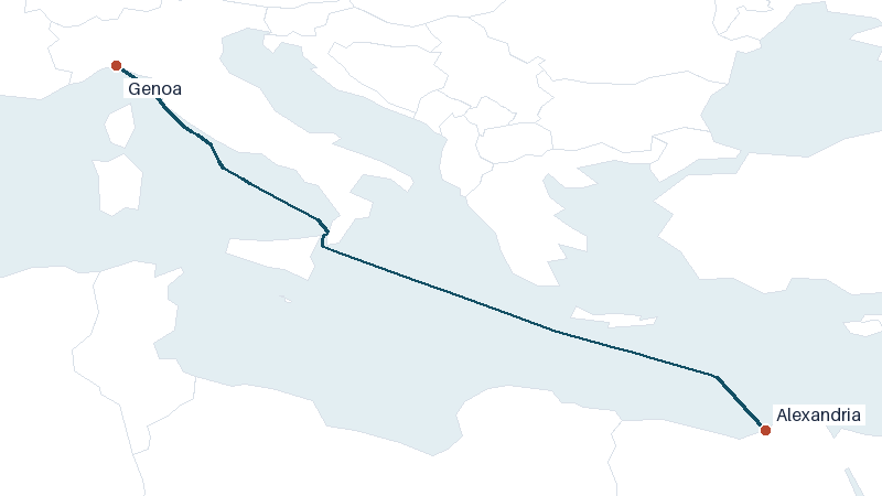 Sea route map from Genoa to Alexandria &mdash; 1338 nautical miles
