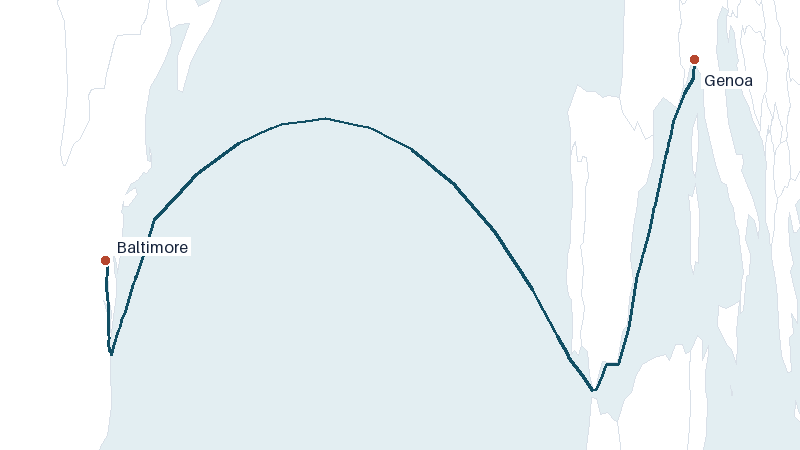 Sea route map from Genoa to Baltimore &mdash; 4368 nautical miles