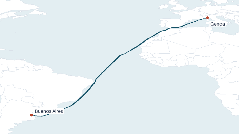 Sea route map from Genoa to Buenos Aires &mdash; 6231 nautical miles