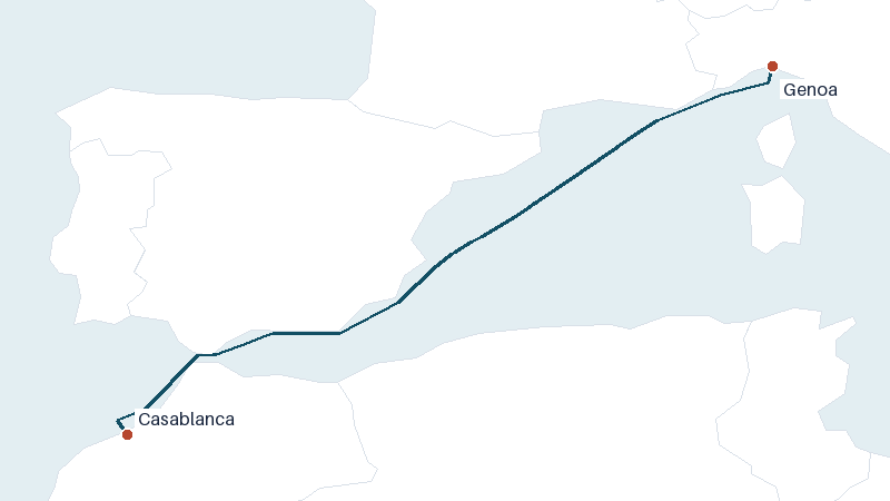 Sea route map from Genoa to Casablanca &mdash; 1068 nautical miles
