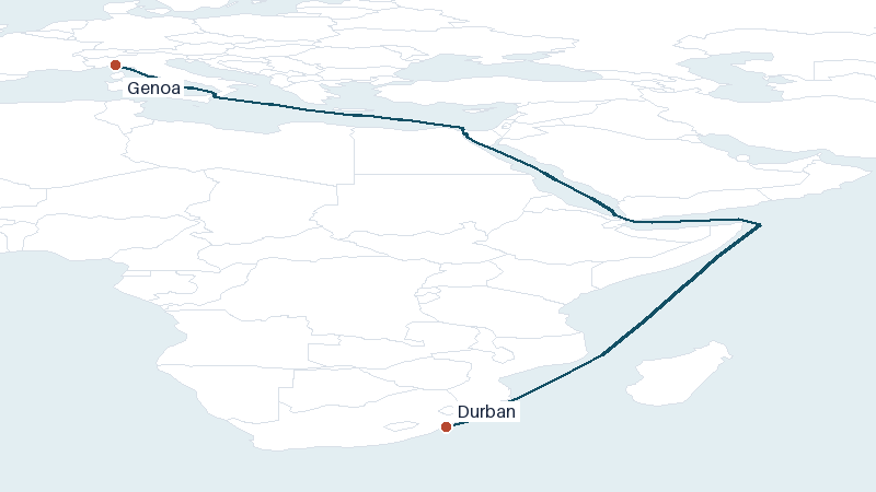 Sea route map from Genoa to Durban &mdash; 6087 nautical miles