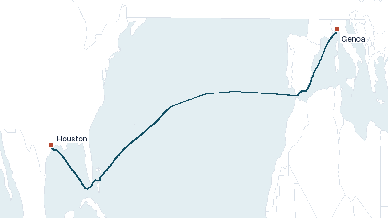 Sea route map from Genoa to Houston &mdash; 5645 nautical miles