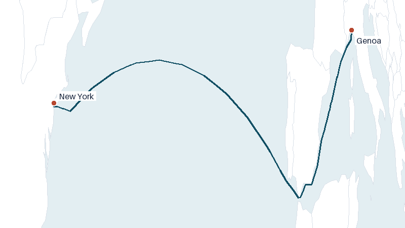 Sea route map from Genoa to New York &mdash; 4065 nautical miles