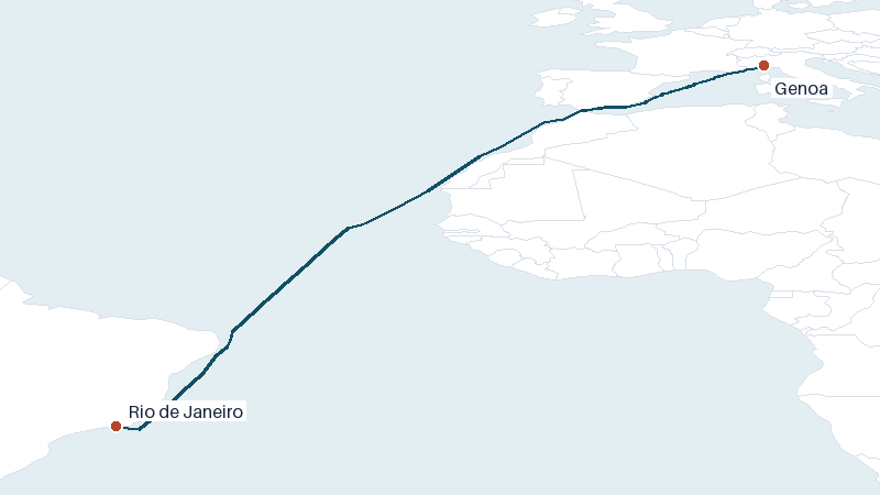Sea route map from Genoa to Rio de Janeiro &mdash; 5148 nautical miles