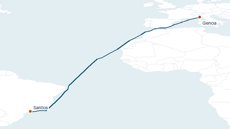 Sea route map from Genoa to Santos &mdash; 5340 nautical miles