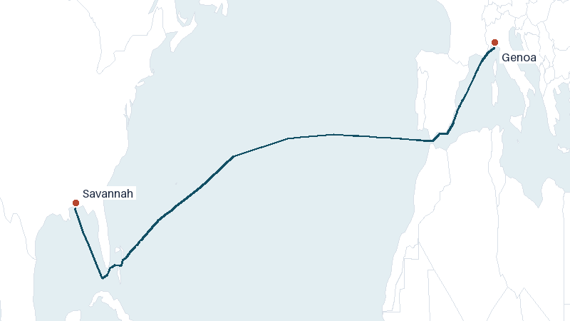Sea route map from Genoa to Savannah &mdash; 5366 nautical miles
