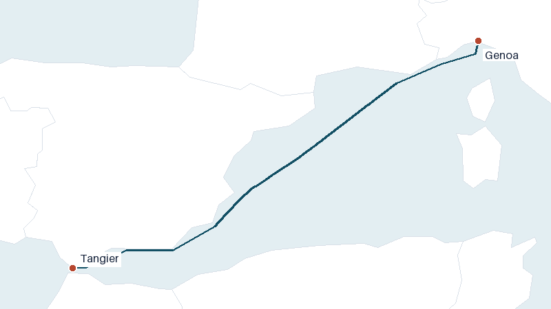 Sea route map from Genoa to Tangier &mdash; 886 nautical miles