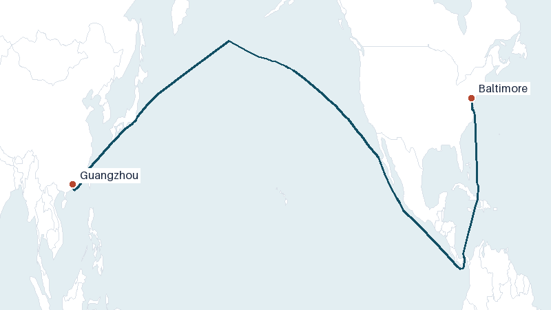Sea route map from Guangzhou to Baltimore &mdash; 11392 nautical miles