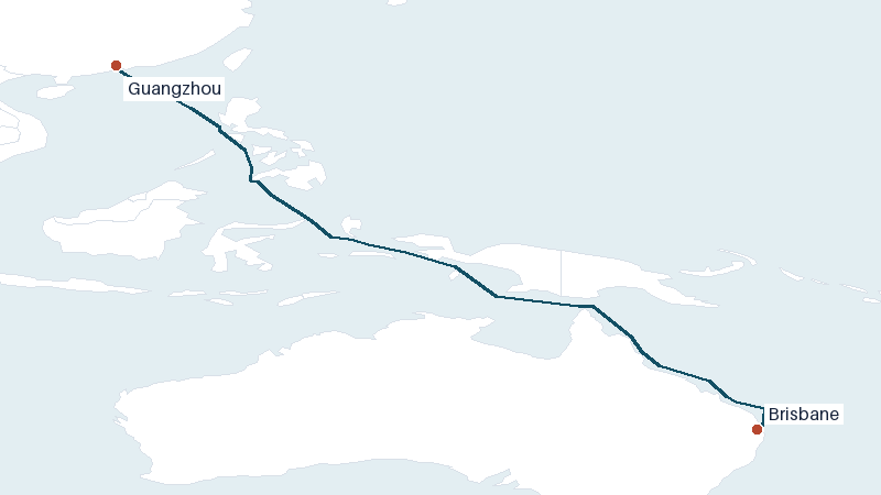 Sea route map from Guangzhou to Brisbane &mdash; 4097 nautical miles