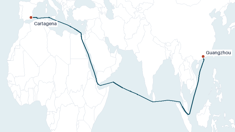 Sea route map from Guangzhou to Cartagena &mdash; 8252 nautical miles
