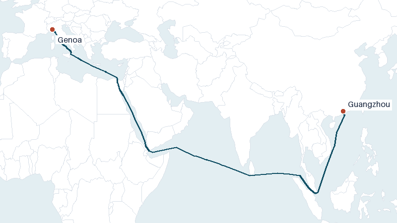 Sea route map from Guangzhou to Genoa &mdash; 7984 nautical miles