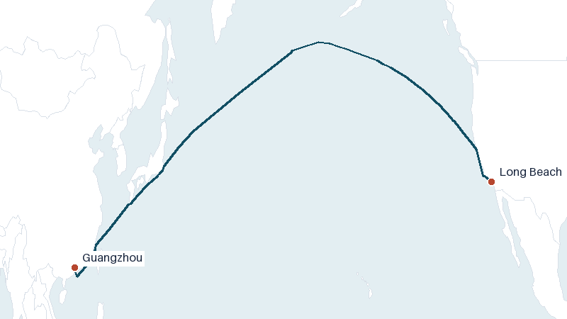 Sea route map from Guangzhou to Long Beach &mdash; 6538 nautical miles