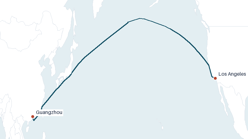 Sea route map from Guangzhou to Los Angeles &mdash; 6504 nautical miles