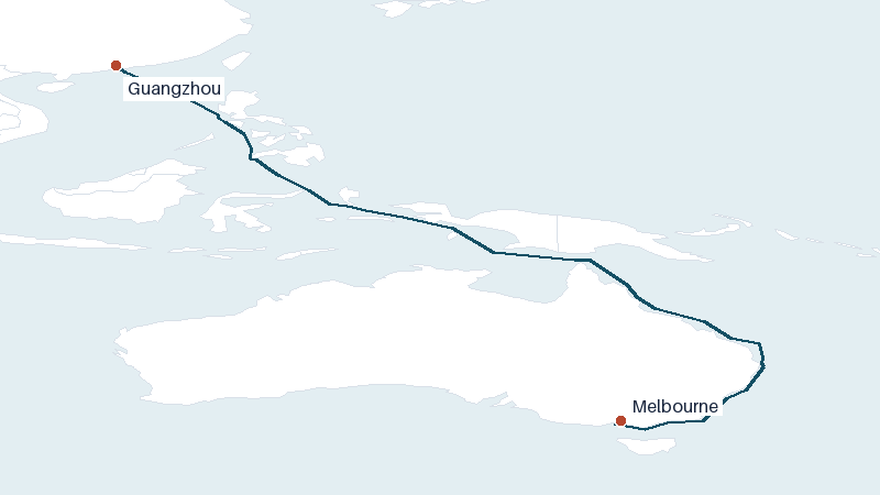 Sea route map from Guangzhou to Melbourne &mdash; 5083 nautical miles