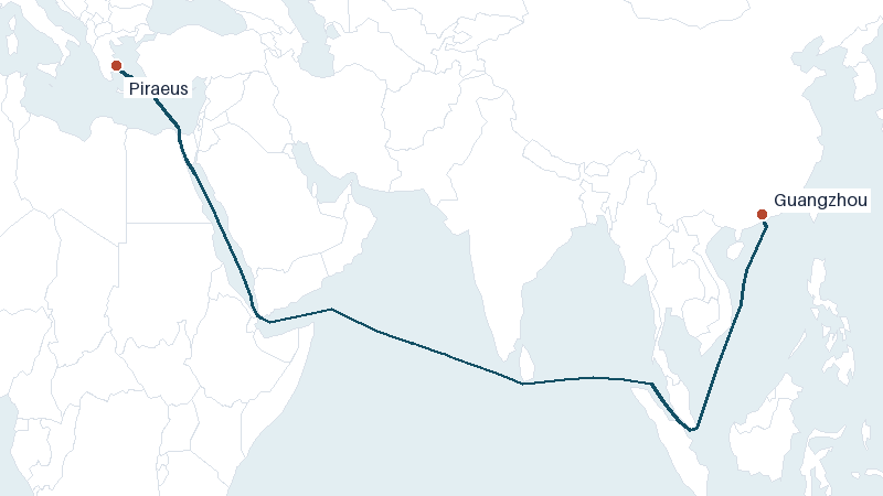 Sea route map from Guangzhou to Piraeus &mdash; 7141 nautical miles