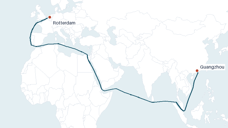 Sea route map from Guangzhou to Rotterdam &mdash; 9855 nautical miles