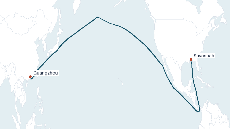 Sea route map from Guangzhou to Savannah &mdash; 10842 nautical miles