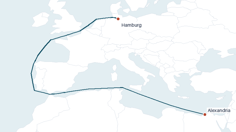 Sea route map from Hamburg to Alexandria &mdash; 3447 nautical miles