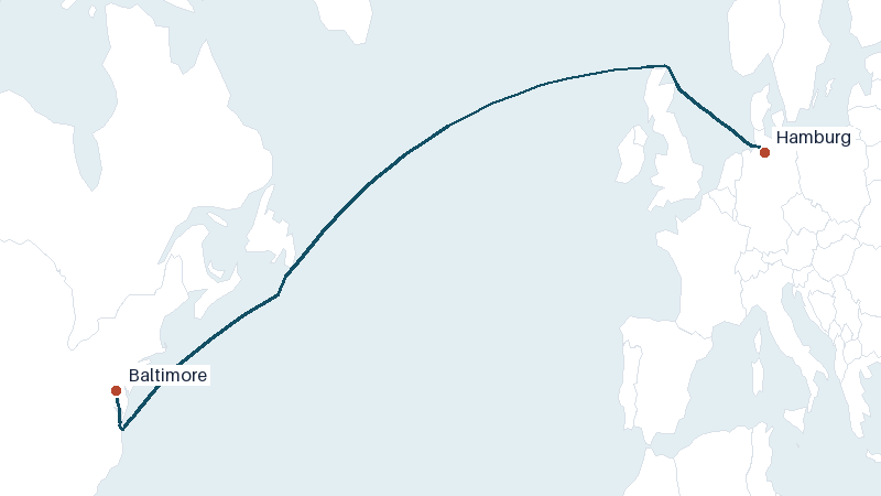 Sea route map from Hamburg to Baltimore &mdash; 3811 nautical miles