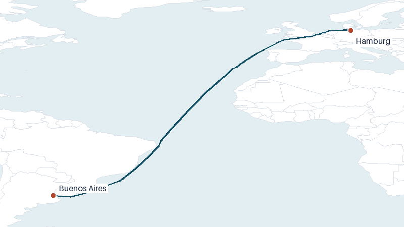 Sea route map from Hamburg to Buenos Aires &mdash; 6641 nautical miles