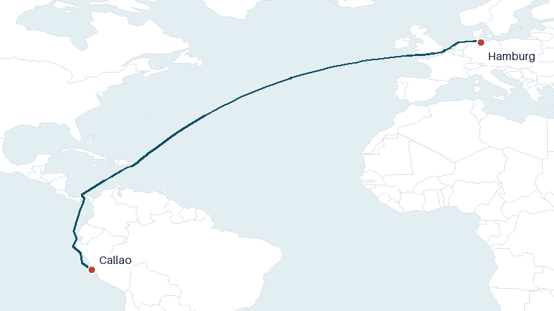 Sea route map from Hamburg to Callao &mdash; 6494 nautical miles