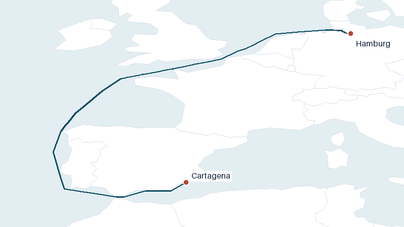 Sea route map from Hamburg to Cartagena &mdash; 1886 nautical miles