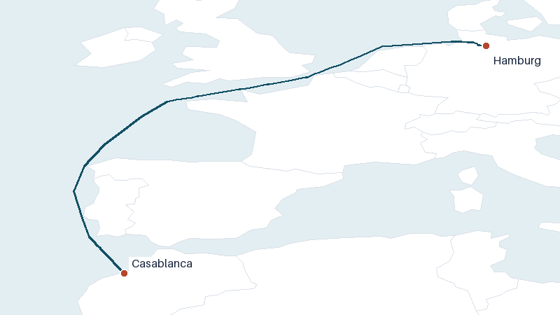 Sea route map from Hamburg to Casablanca &mdash; 1657 nautical miles